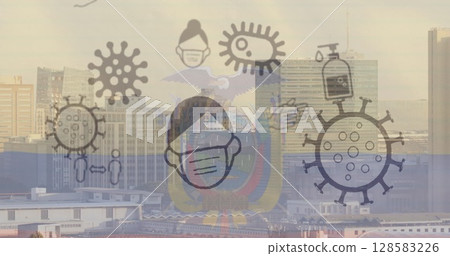 Displaying health icons floating over city skyline, with virus mask sanitizer distancing symbols 128583226