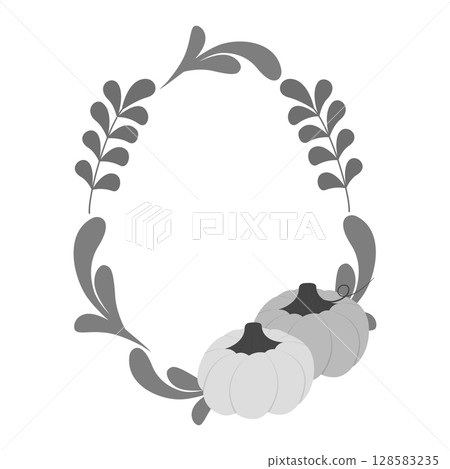 Pumpkins and Decorative Leaves Shape Oval Frame Border in grayscale Autumn Season Copyspace Template 128583235