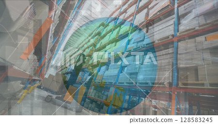 Image of circle pulsating over globe and warehouse 128583245