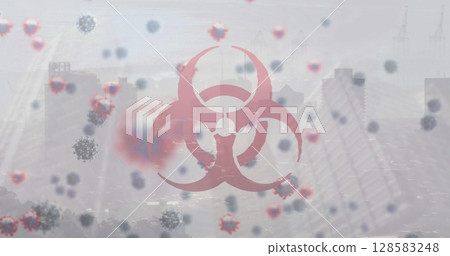 Floating translucent red biohazard symbol hovering over hazy urban skyline, with virus particles Floating translucent red biohazard symbol hovering over hazy urban skyline, with virus particles 128583248