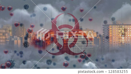 Floating red biohazard symbol drifting over smoggy high-rise skyline, with virus particles 128583255