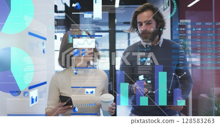 Screens with data processing against diverse businessman and businessman discussing at office Screens with data processing against diverse businessman and businessman discussing at office 128583263