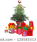 Christmas tree, gifts, gift boxes, candles, Easter eggs Red, yellow, pink, green gift boxes 128583313