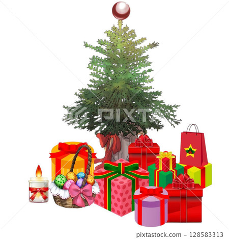 Christmas tree, gifts, gift boxes, candles, Easter eggs Red, yellow, pink, green gift boxes 128583313