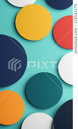 Colorful geometric circles on teal background creating modern abstract pattern 128583379