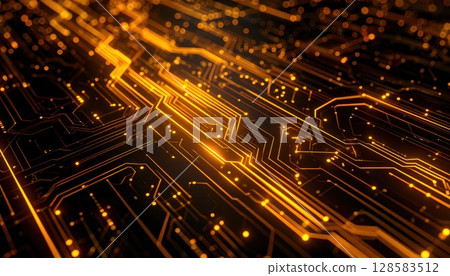 AI image: Image of a glowing yellow electronic circuit 128583512