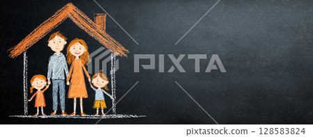 房子形狀內用粉筆畫出幸福的父母和孩子，象徵家庭生活和愛 128583824