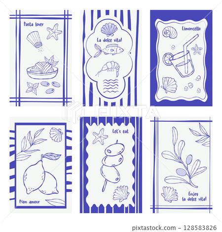 Mediterranean blue outline Posters set. la dolce vita aesthetics Hand drawing. Isolated Vector Vintage Summer beach vertical Postcards with pasta, olives, fish, shrimp, lemons and quotes. Not AI 128583826
