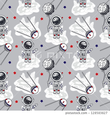 Astronauts, moon, satellite, stars seamless pattern. Hand drawn vector illustration. For Cosmonautics Day, banners, covers, wrapping paper, wallpaper, textile. 128583827