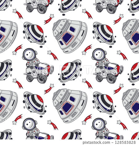 Astronauts, planets, flying machines, stars seamless pattern. Hand drawn vector illustration. For Cosmonautics Day, banners, covers, wrapping paper, wallpaper, textile. Astronauts, planets, flying machines, stars seamless pattern. Hand drawn vector illustration. For Cosmonautics Day, banners, covers, wrapping paper, wallpaper, textile. 128583828