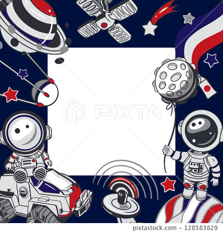 Astronauts, planets, stars, satellite. Square frame. Hand drawn vector illustration. For Cosmonautics Day cards, banners, posters, covers, tickets, invitations. Astronauts, planets, stars, satellite. Square frame. Hand drawn vector illustration. For Cosmonautics Day cards, banners, posters, covers, tickets, invitations. 128583829