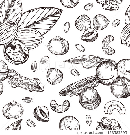 Seamless vector pattern. Walnuts, hazelnuts, macadamias, peanuts, cashews, leaves. All objects are hand-drawn in vector. The illustration is suitable for printing on paper, fabric, food packaging.  128583895