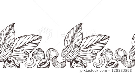 Seamless border of walnuts, hazelnuts, cashews, whole nuts, cracked nuts, leaves. All objects are hand-drawn with ink. Vector Illustration for Printing on Product Packaging, Store Window Design. Seamless border of walnuts, hazelnuts, cashews, whole nuts, cracked nuts, leaves. All objects are hand-drawn with ink. Vector Illustration for Printing on Product Packaging, Store Window Design. 128583898
