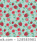 pattern with cute raspberries, white flowers, green leaves on blue background. 128583981