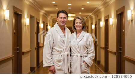 Couple smiling in bathrobes in a hotel hallway 128584090