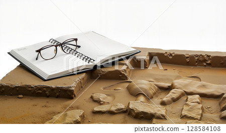 Archaeology notebook and glasses on simulated excavation site 128584108