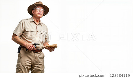 Archaeologist holding map with determination against white background 128584119