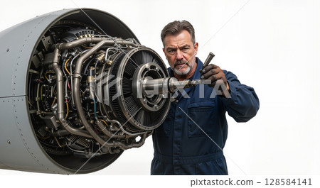 Aviation technician repairing an aircraft engine with focus 128584141