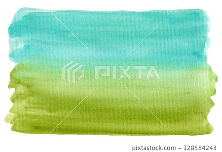 Bright gradient from turquoise blue to grass green watercolor background. Fresh and vibrant nature watercolour textured concept, illustration for banner, eco surface design, colorful meadow texture 128584243