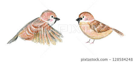 Cute brown crayon color pencil drawing little sparrow couple illustration. Childish textured illustration with finch chirp bird for greeting card design, nursery poster, animal sticker, logo Cute brown crayon color pencil drawing little sparrow couple illustration. Childish textured illustration with finch chirp bird for greeting card design, nursery poster, animal sticker, logo 128584248