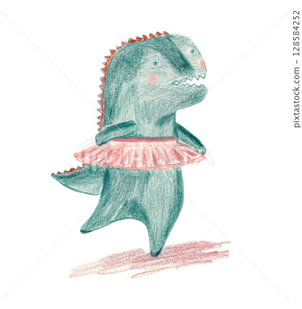 Cute color pencils drawing dancing green ballerina dinosaur in red pink skirt. Childish illustration with cheerful baller t-rex monster for greeting card design, sticker, girly dragon poster Cute color pencils drawing dancing green ballerina dinosaur in red pink skirt. Childish illustration with cheerful baller t-rex monster for greeting card design, sticker, girly dragon poster 128584252