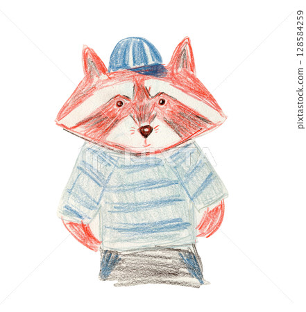 Cute brown and blue sketch crayon pencils drawing raccoon boy in cap and t-shirt illustration. Childish hand drawn red panda or wild skunk character for kids print design, logo, nursery sticker 128584259