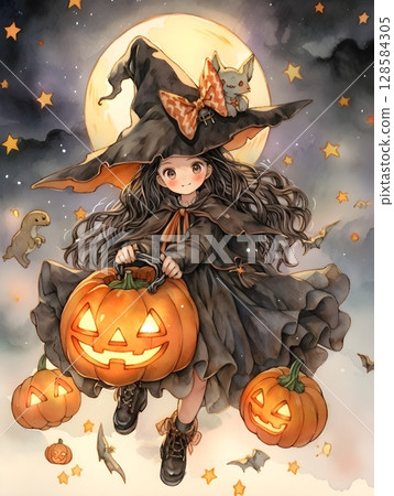 萬聖節南瓜和可愛的女巫 128584305