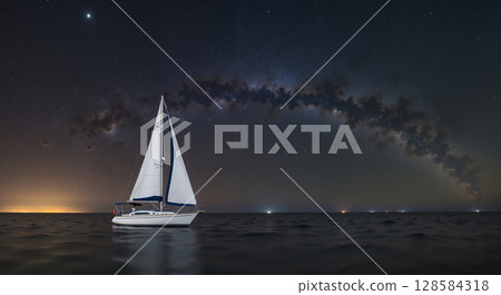sailing yacht in the sea at night 128584318