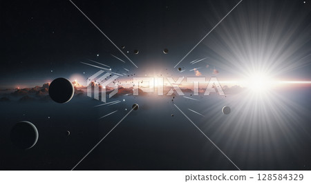 Celestial scene with planets and light beams 128584329