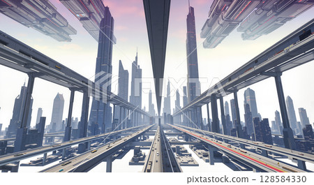 Futuristic skyline with elevated highways in a cityscape 128584330