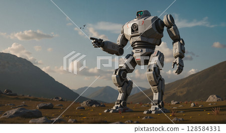 Robot pointing in a vast mountainous landscape Robot pointing in a vast mountainous landscape 128584331