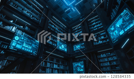 Futuristic library with digital screens and neon lighting 128584335