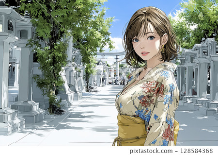 Illustration material of a young woman in a kimono visiting a shrine Illustration material of a young woman in a kimono visiting a shrine 128584368