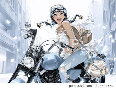 Illustration material of a female rider riding a large cruiser bike through the city Illustration material of a female rider riding a large cruiser bike through the city 128584369