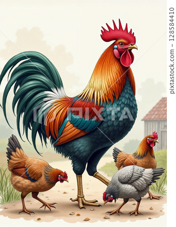 A beautiful illustration of a magnificent rooster and three hens foraging on a farm path. The soft-focus barn in the background adds to the charming, rustic atmosphere of this digital painting. A beautiful illustration of a magnificent rooster and three hens foraging on a farm path. The soft-focus barn in the background adds to the charming, rustic atmosphere of this digital painting. 128584410