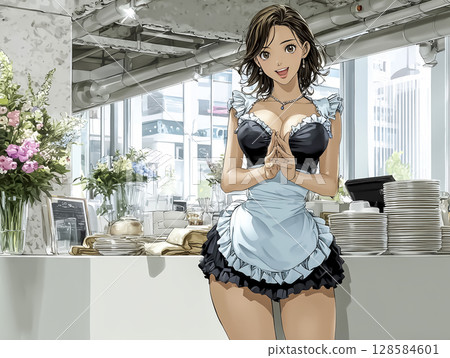 Maid Cafe: Welcome! A woman cheerfully greets customers. Illustration material 128584601