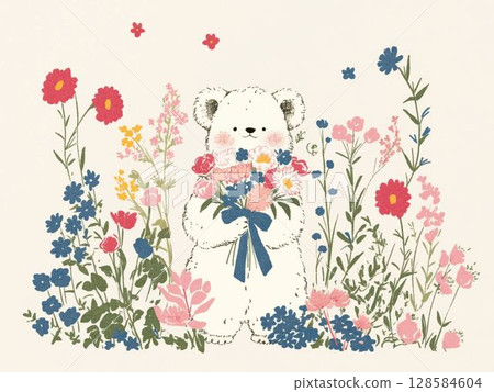 Illustration of a bear holding a bouquet of flowers 128584604