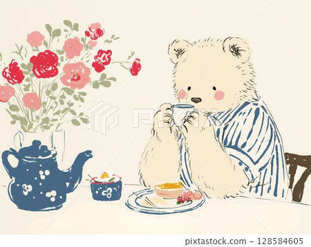 熊的下午茶時光和鮮花晨曦 128584605