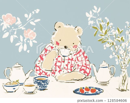 一隻被花包圍的熊的茶時間插圖 一隻被花包圍的熊的茶時間插圖 128584606