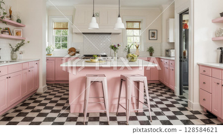 Vintage-inspired kitchen with pastel appliances 128584621