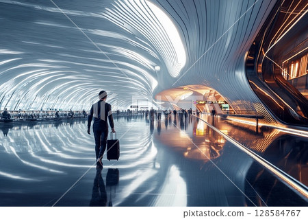 Futuristic Architecture and Bustling Travelers at Shanghai Airport. Generative AI 128584767