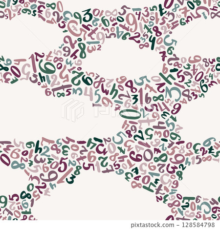 Seamless vector pattern of colorful handwritten numbers with white clouds on soft white background 128584798