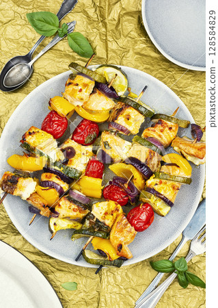 Seasoned salmon skewers. Seasoned salmon skewers. 128584829