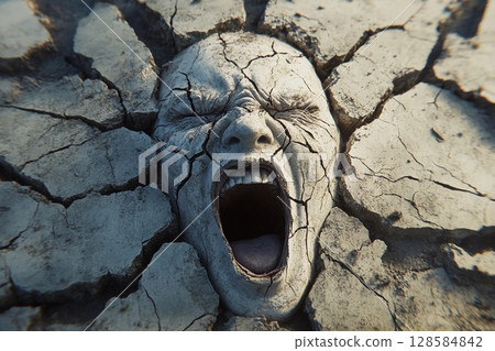 Earth Cracks Reveal the Anguished Face of Despair Amid Natural Catastrophe. Generative AI 128584842
