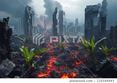 Modern City Reclaims Existence Amid Volcanic Devastation and Nature's Resilience. Generative AI 128584843
