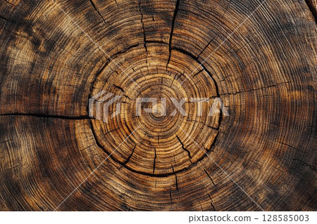 Intricate Patterns of Aged Wood Revealed in a Cross-Section of a Tree Trunk. Generative AI 128585003