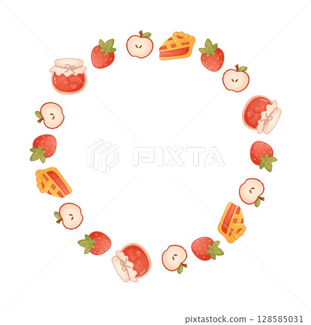 Jam and berry pie wreath with apples and strawberries Jam and berry pie wreath with apples and strawberries 128585031