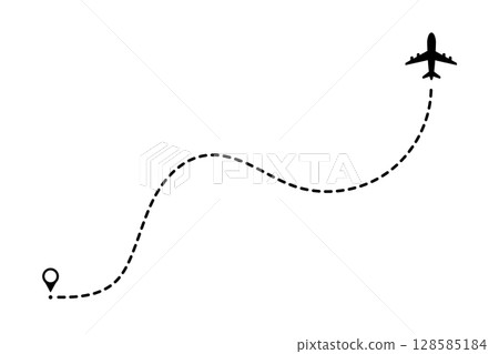 Plane line with travel path for map and trip illustration in vector style. Dashed route with dot trace for airline or airport background. Simple and modern element. Plane line with travel path for map and trip illustration in vector style. Dashed route with dot trace for airline or airport background. Simple and modern element. 128585184