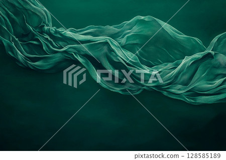 Flowing Fabric Dances Gracefully on an Emerald Green Backdrop. Generative AI 128585189