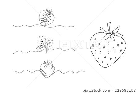 Strawberry one line illustrations set, continuous line isolated sketch, berry and leaves doodle 128585198